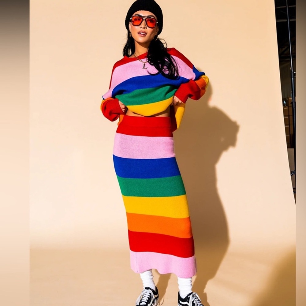 DRESSED IN LALA Rainbow Dancing Queen knit midi skirt (size S)